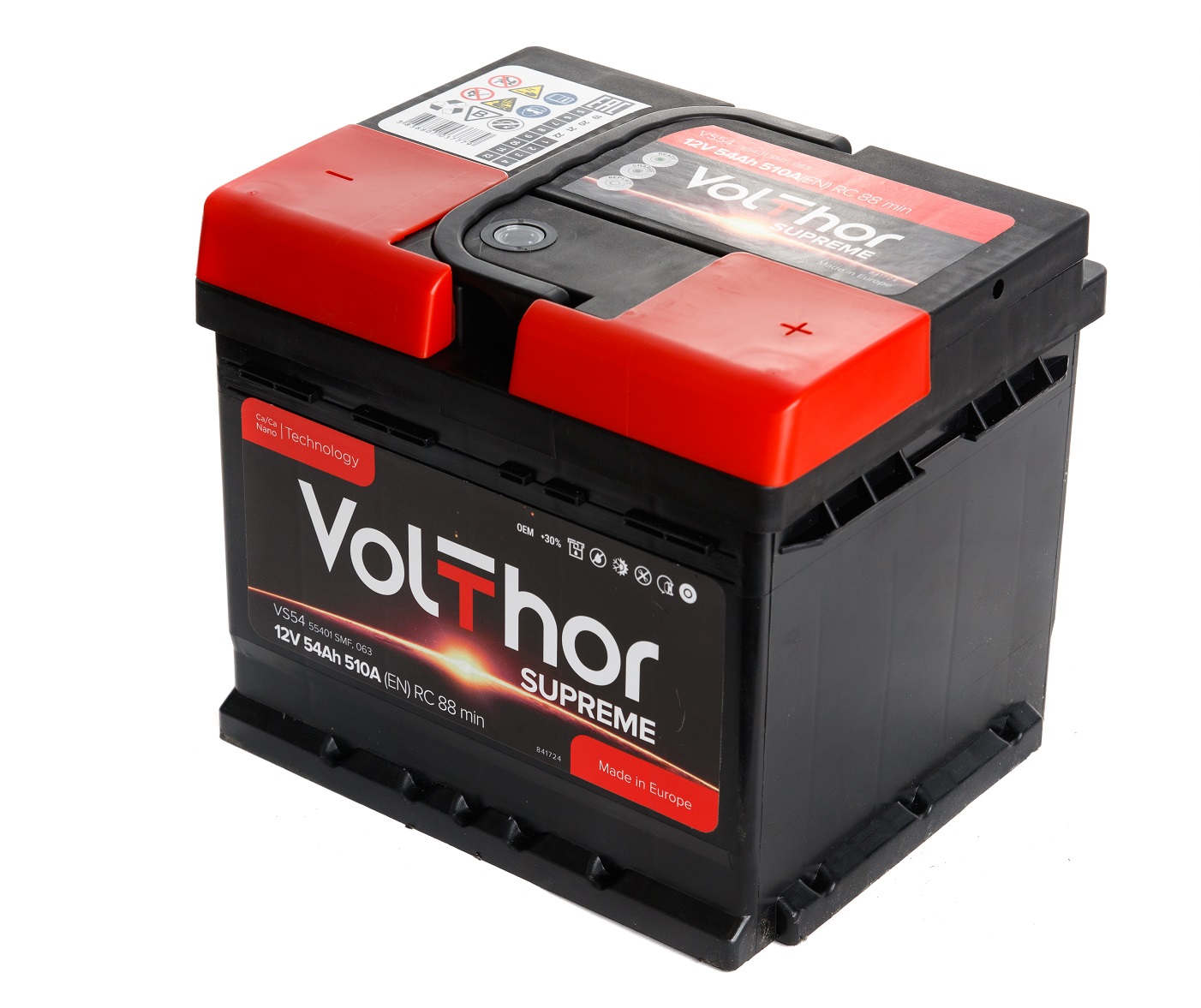 Акумулятор легковий VOLTHOR Supreme 54Ah, 12B, 510A плюс праворуч (R+) кальцієвий (Ca/Ca) 207X175X175мм (301054)